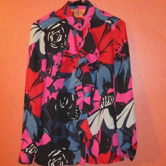 Tory Burch Tops - Tory Burch Red Floral Silk Button Down Blouse